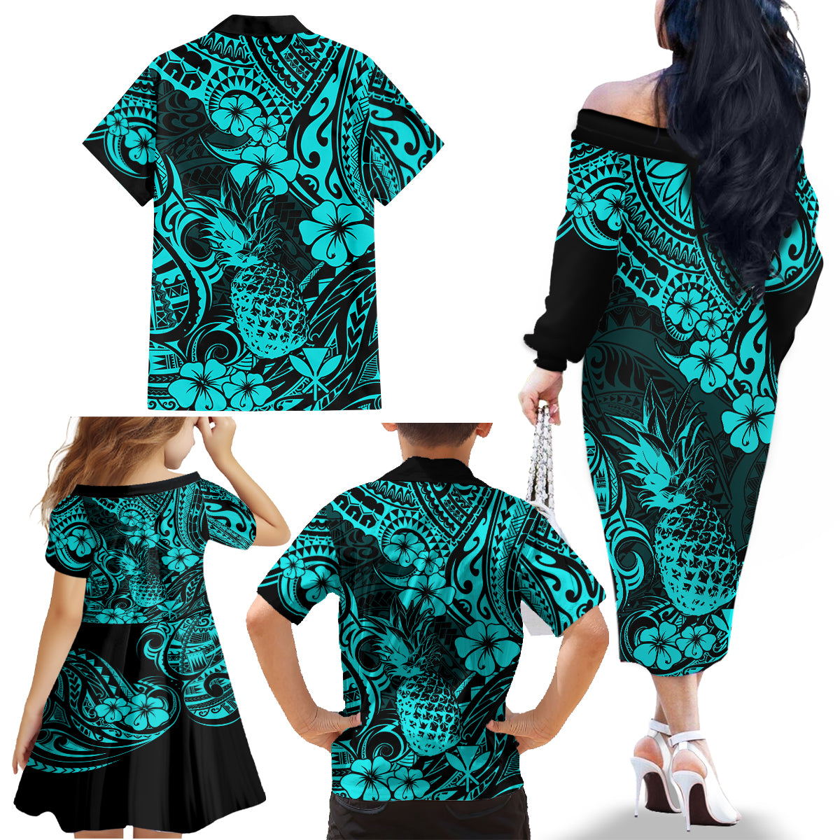 Hawaii Pineapple Family Matching Off Shoulder Long Sleeve Dress and Hawaiian Shirt Polynesian Pattern Turquoise Version - Wonder Print Shop