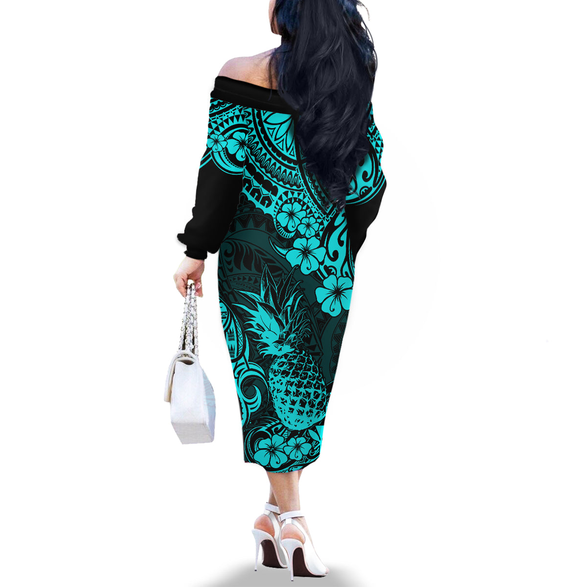Hawaii Pineapple Family Matching Off Shoulder Long Sleeve Dress and Hawaiian Shirt Polynesian Pattern Turquoise Version - Wonder Print Shop