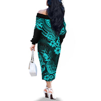 Hawaii Pineapple Family Matching Off Shoulder Long Sleeve Dress and Hawaiian Shirt Polynesian Pattern Turquoise Version - Wonder Print Shop