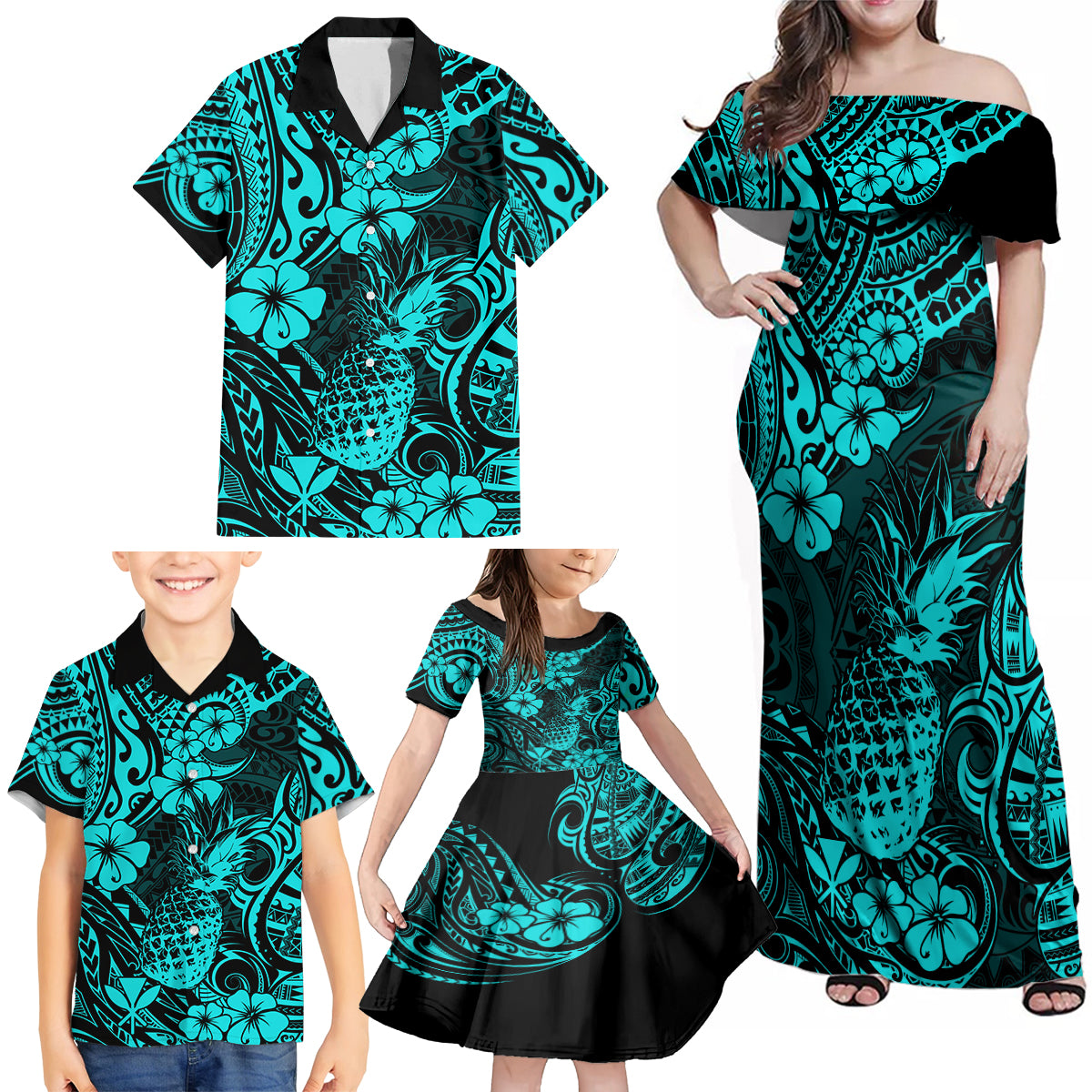 Hawaii Pineapple Family Matching Off Shoulder Maxi Dress and Hawaiian Shirt Polynesian Pattern Turquoise Version - Wonder Print Shop