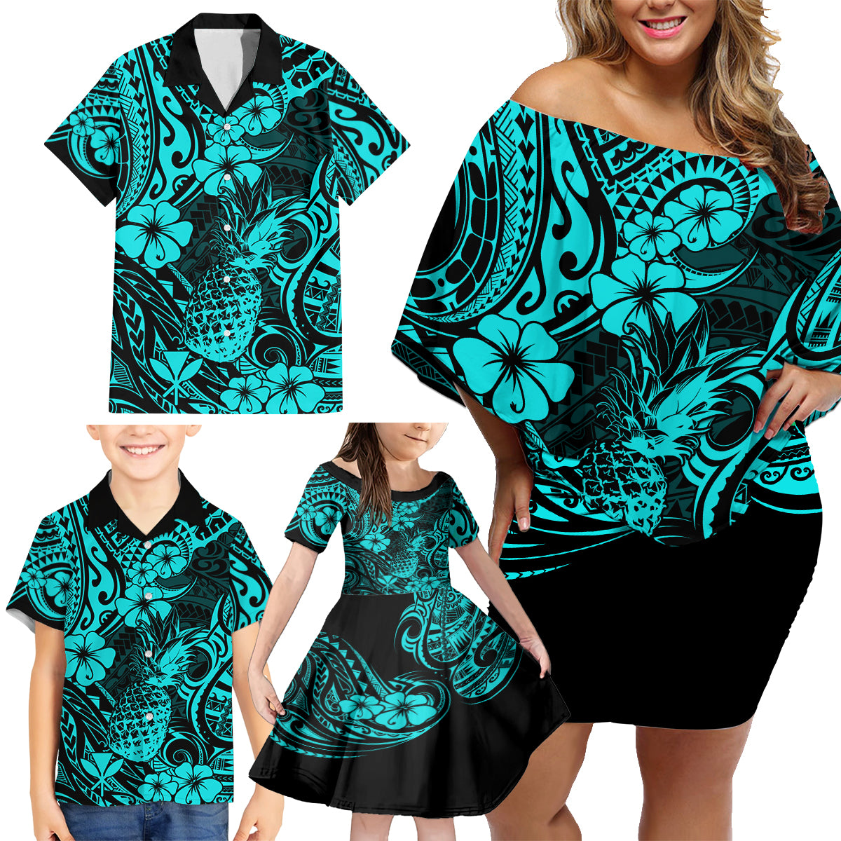 Hawaii Pineapple Family Matching Off Shoulder Short Dress and Hawaiian Shirt Polynesian Pattern Turquoise Version - Wonder Print Shop