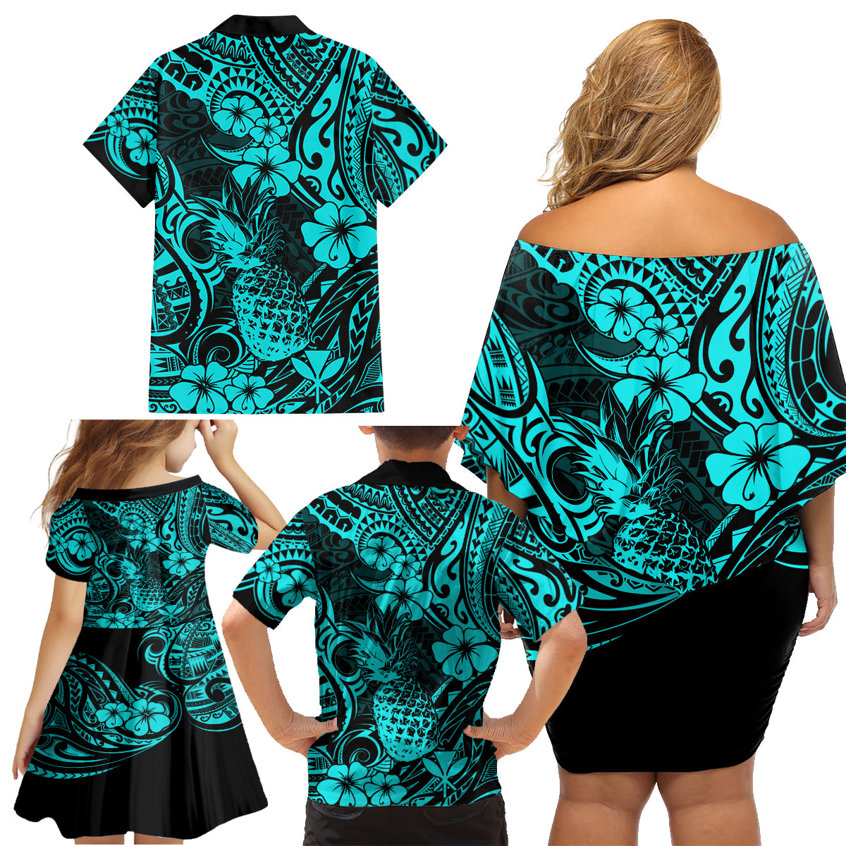 Hawaii Pineapple Family Matching Off Shoulder Short Dress and Hawaiian Shirt Polynesian Pattern Turquoise Version - Wonder Print Shop