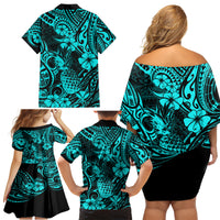 Hawaii Pineapple Family Matching Off Shoulder Short Dress and Hawaiian Shirt Polynesian Pattern Turquoise Version - Wonder Print Shop