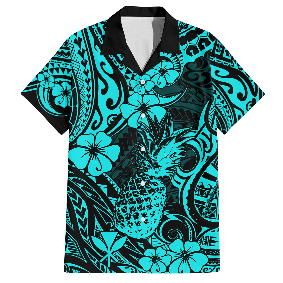 Hawaii Pineapple Family Matching Off Shoulder Short Dress and Hawaiian Shirt Polynesian Pattern Turquoise Version - Wonder Print Shop