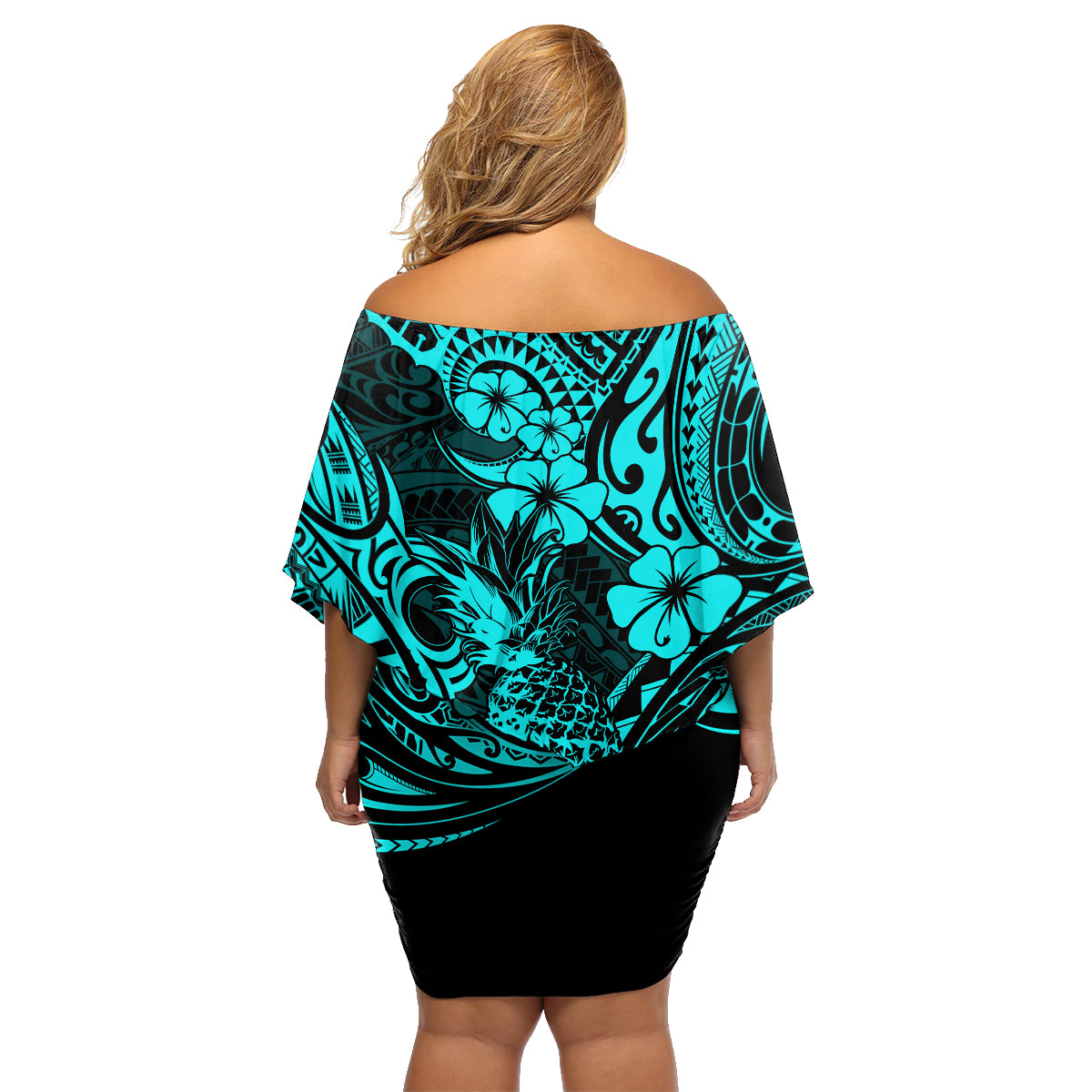 Hawaii Pineapple Family Matching Off Shoulder Short Dress and Hawaiian Shirt Polynesian Pattern Turquoise Version - Wonder Print Shop