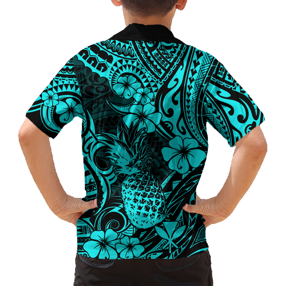 Hawaii Pineapple Family Matching Short Sleeve Bodycon Dress and Hawaiian Shirt Polynesian Pattern Turquoise Version - Wonder Print Shop