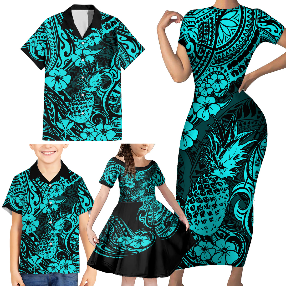 Hawaii Pineapple Family Matching Short Sleeve Bodycon Dress and Hawaiian Shirt Polynesian Pattern Turquoise Version - Wonder Print Shop