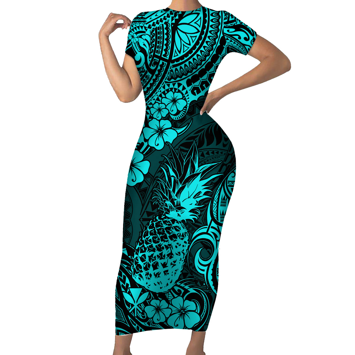 Hawaii Pineapple Family Matching Short Sleeve Bodycon Dress and Hawaiian Shirt Polynesian Pattern Turquoise Version - Wonder Print Shop
