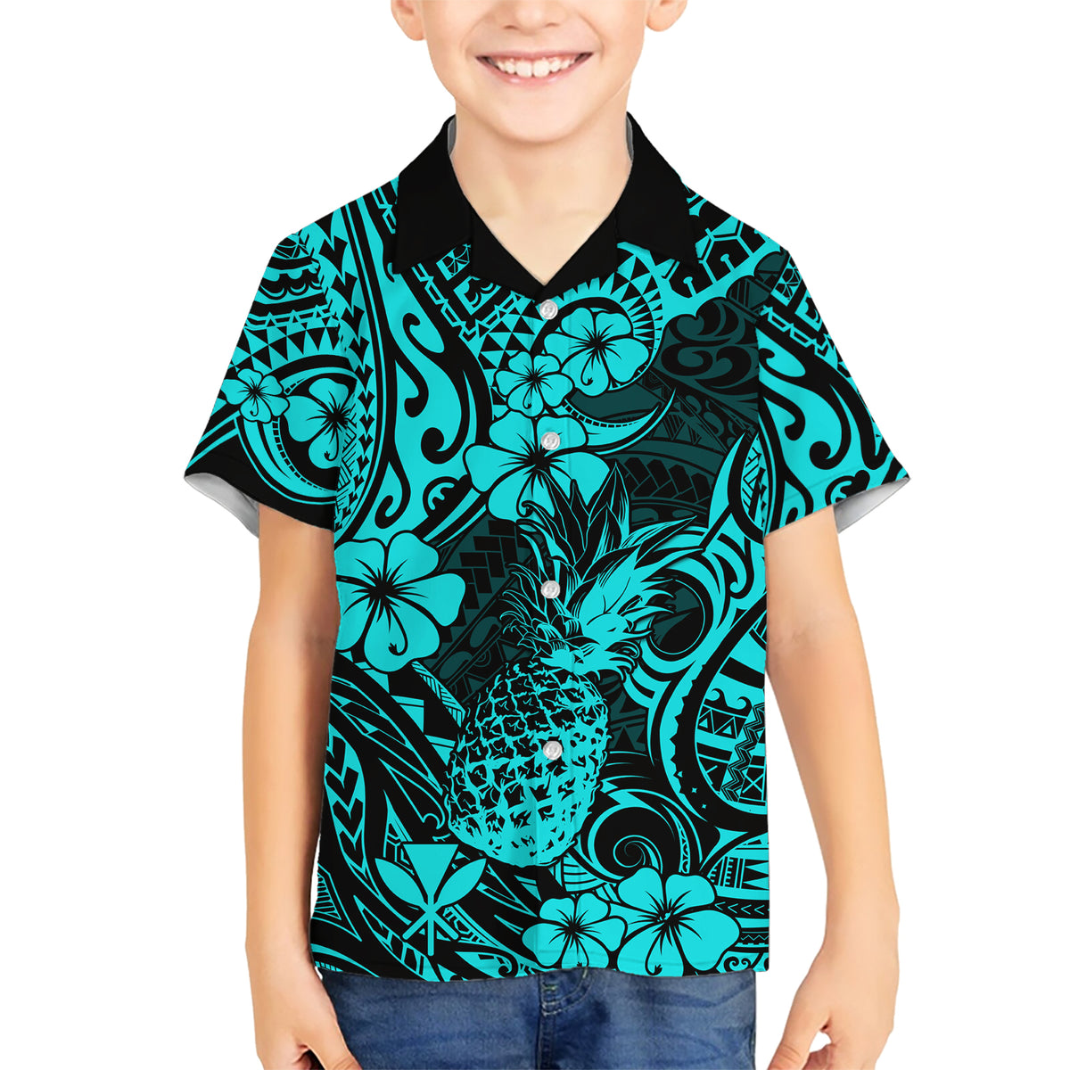 Hawaii Pineapple Family Matching Short Sleeve Bodycon Dress and Hawaiian Shirt Polynesian Pattern Turquoise Version - Wonder Print Shop