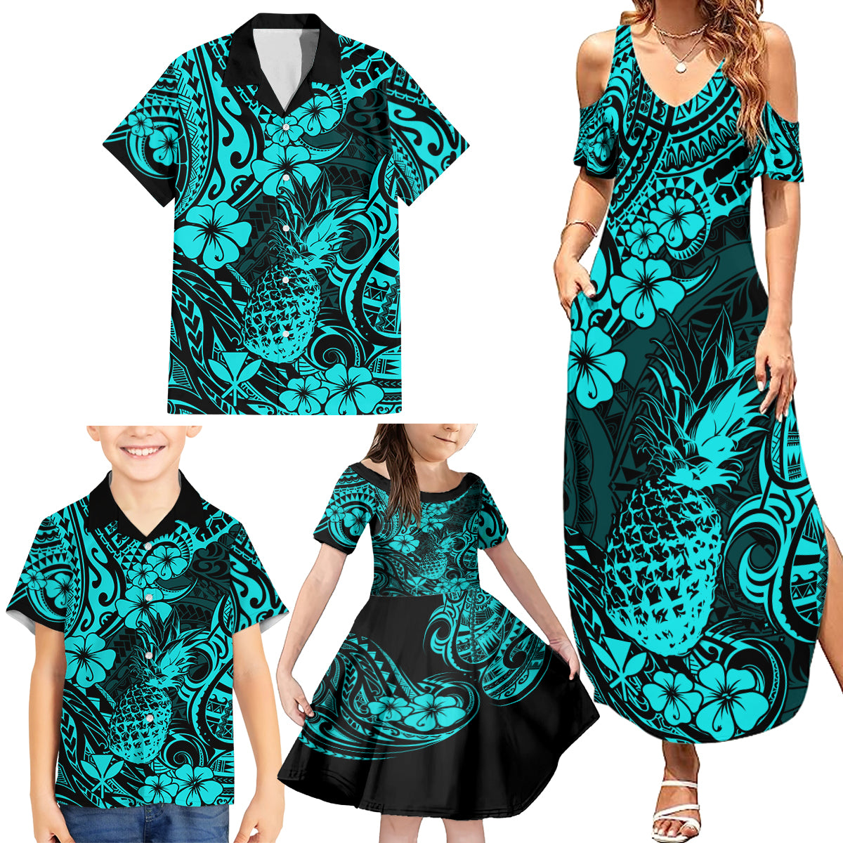 Hawaii Pineapple Family Matching Summer Maxi Dress and Hawaiian Shirt Polynesian Pattern Turquoise Version - Wonder Print Shop