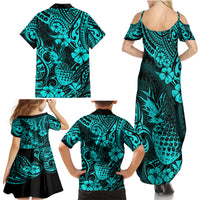 Hawaii Pineapple Family Matching Summer Maxi Dress and Hawaiian Shirt Polynesian Pattern Turquoise Version - Wonder Print Shop