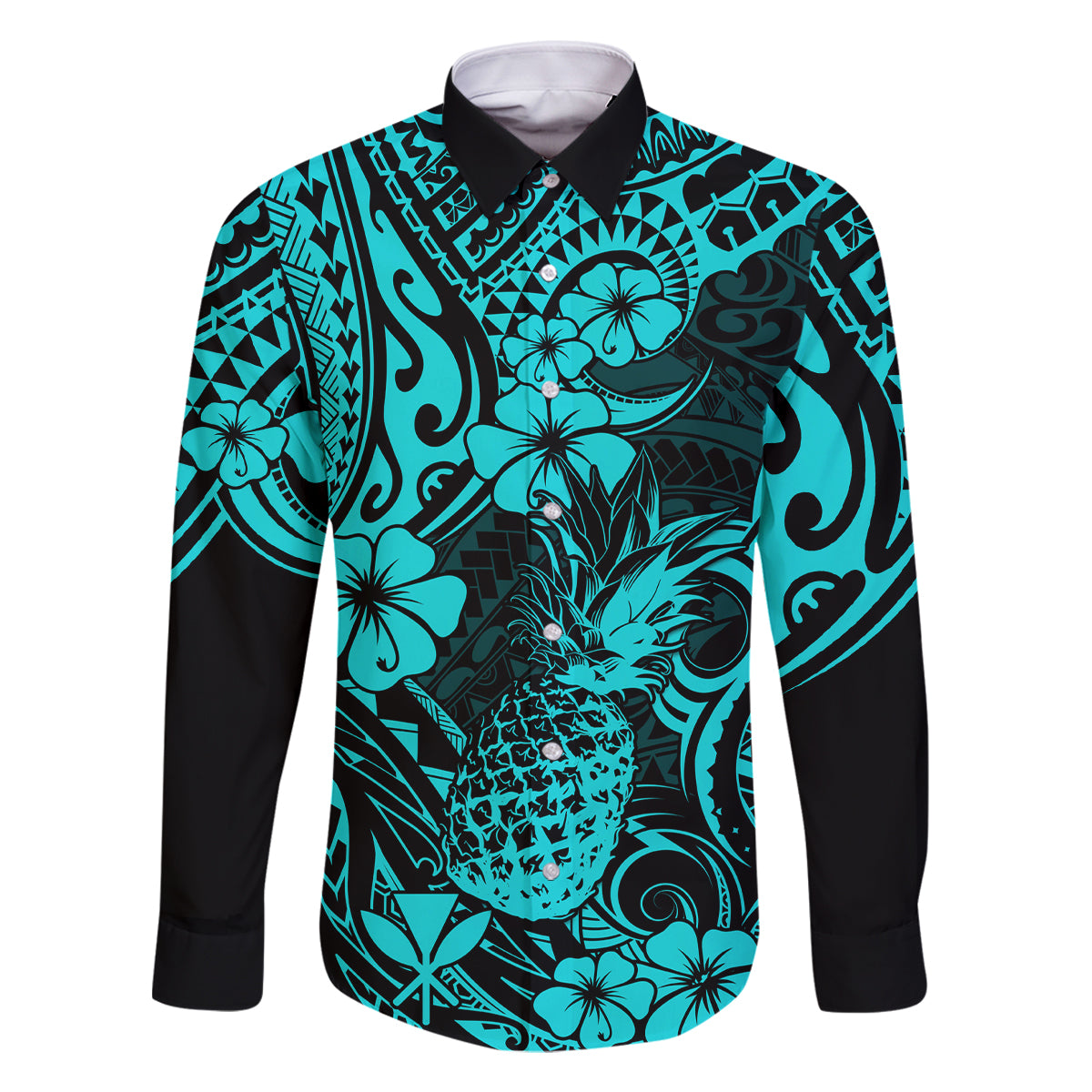 Hawaii Pineapple Family Matching Summer Maxi Dress and Hawaiian Shirt Polynesian Pattern Turquoise Version - Wonder Print Shop