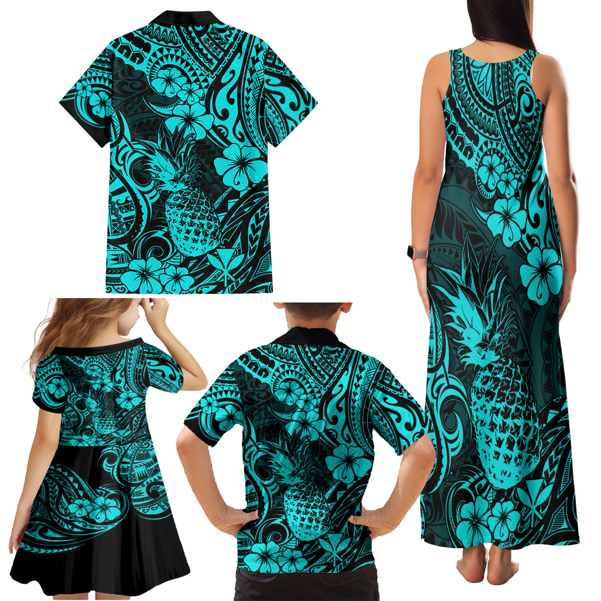 Hawaii Pineapple Family Matching Tank Maxi Dress and Hawaiian Shirt Polynesian Pattern Turquoise Version - Wonder Print Shop
