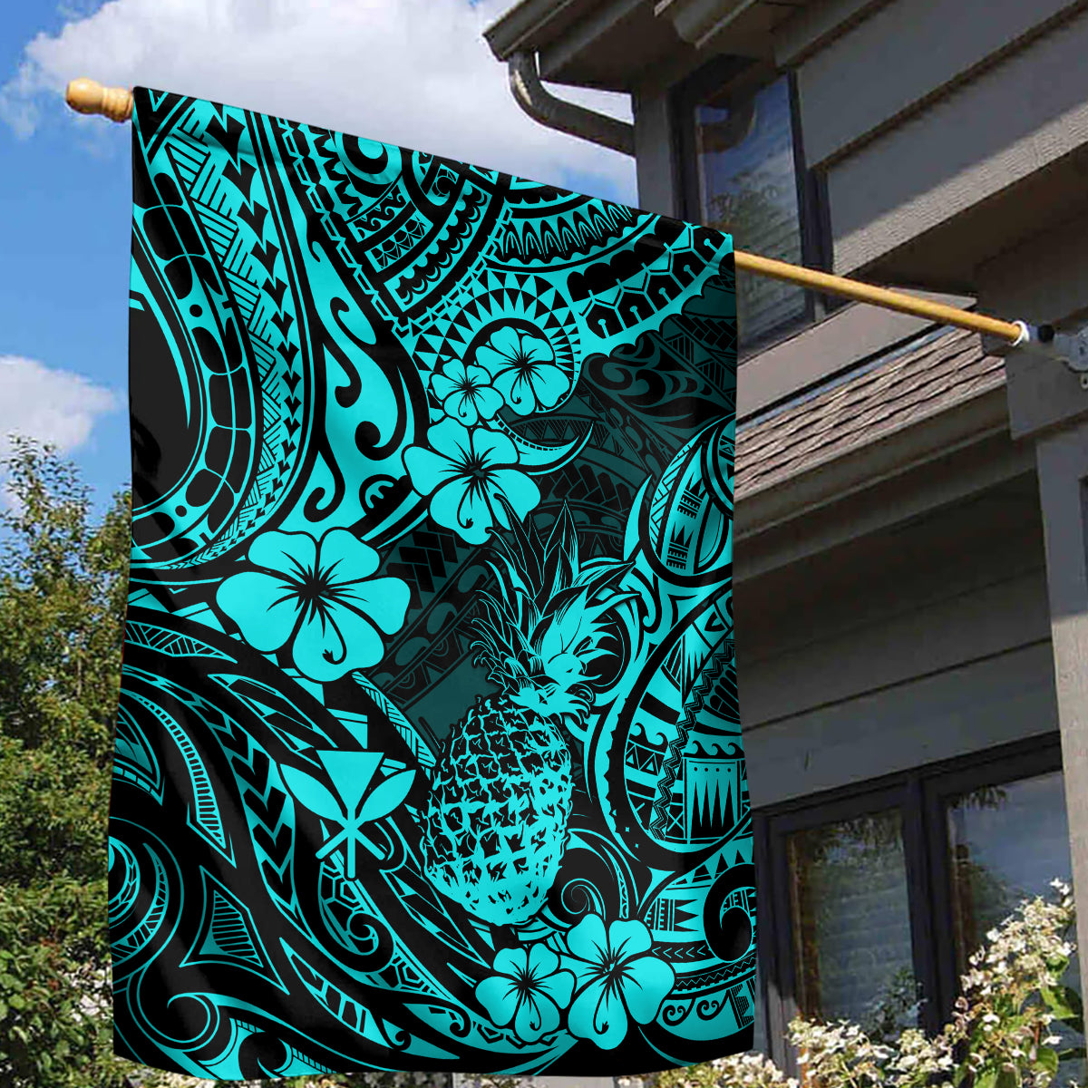 Hawaii Pineapple Garden Flag Polynesian Pattern Turquoise Version - Wonder Print Shop