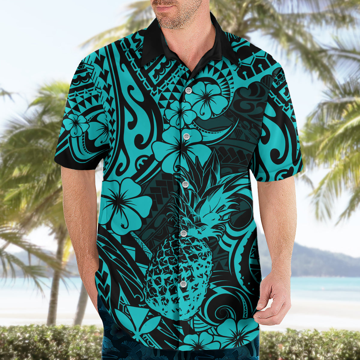 Hawaii Pineapple Hawaiian Shirt Polynesian Pattern Turquoise Version - Wonder Print Shop