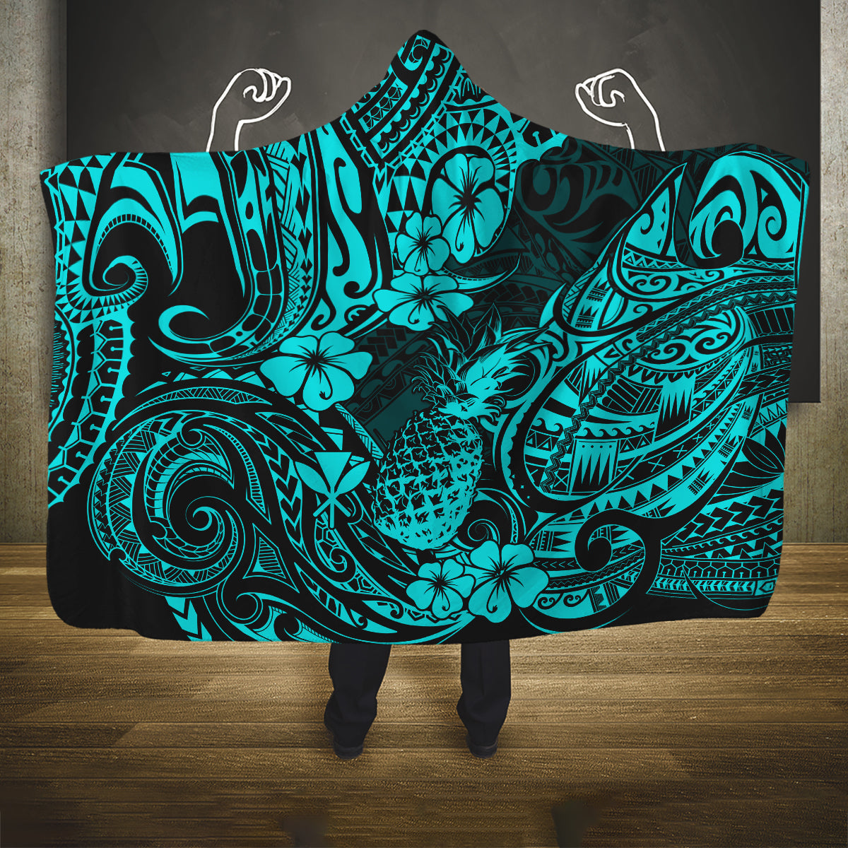hawaii-pineapple-hooded-blanket-polynesian-pattern-turquoise-version