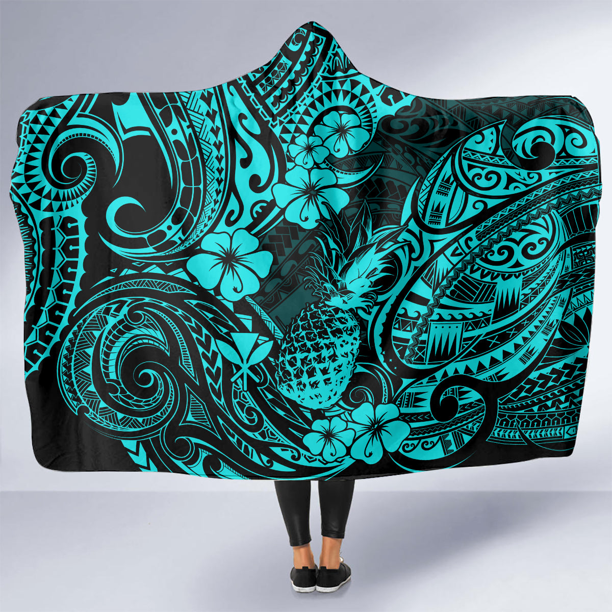 hawaii-pineapple-hooded-blanket-polynesian-pattern-turquoise-version