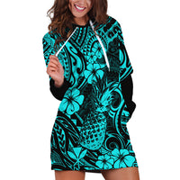 Hawaii Pineapple Hoodie Dress Polynesian Pattern Turquoise Version - Wonder Print Shop