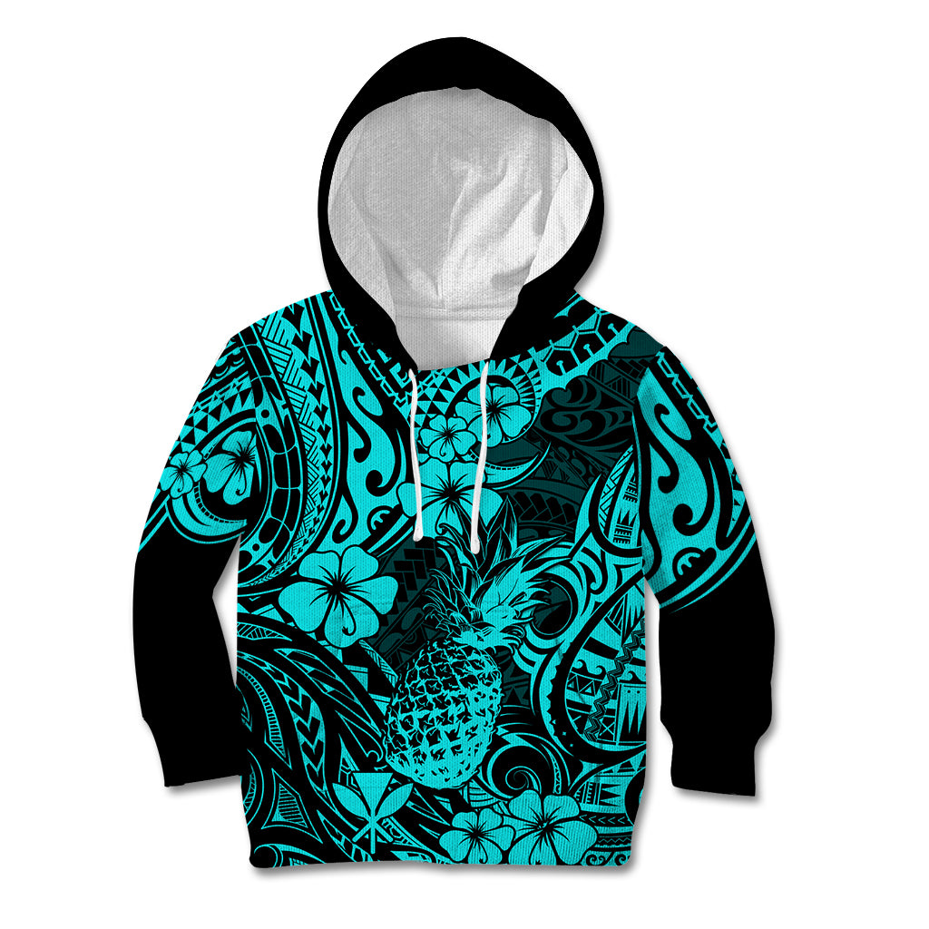 Hawaii Pineapple Kid Hoodie Polynesian Pattern Turquoise Version - Wonder Print Shop