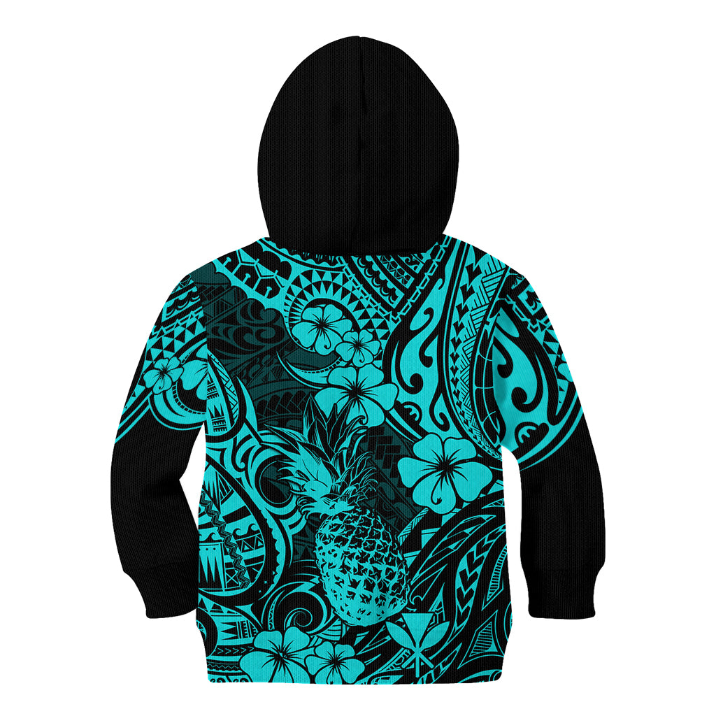 Hawaii Pineapple Kid Hoodie Polynesian Pattern Turquoise Version - Wonder Print Shop