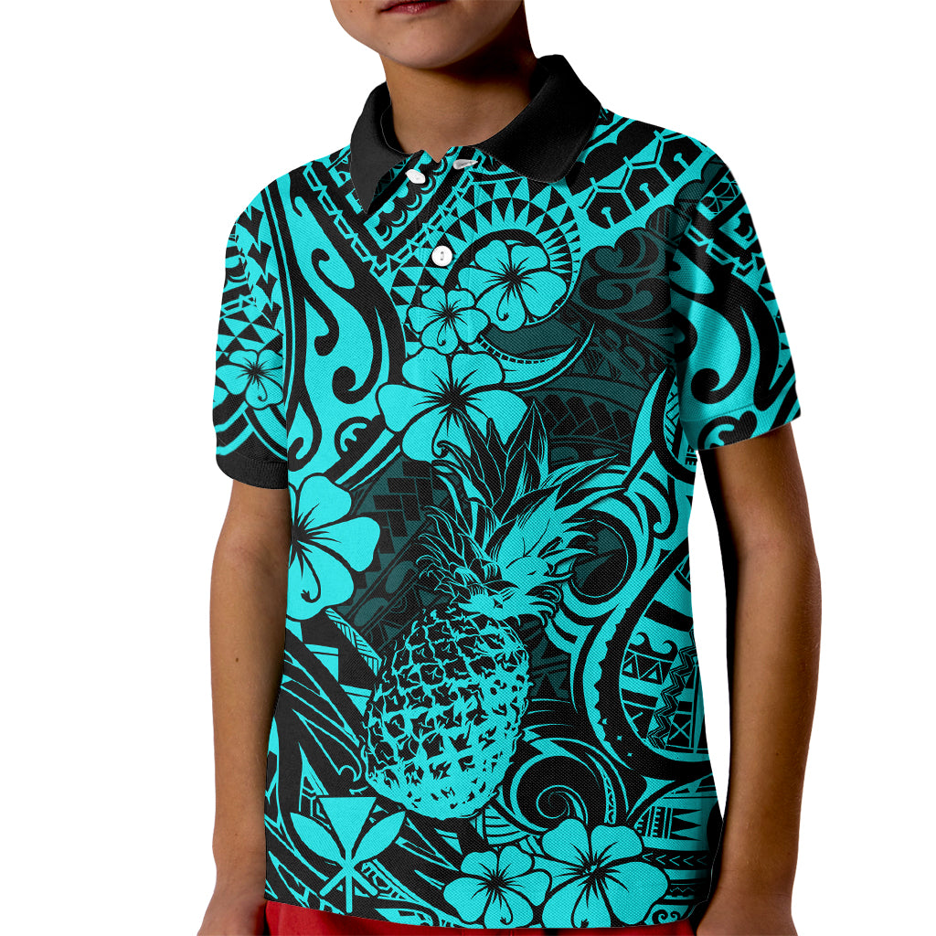 Hawaii Pineapple Kid Polo Shirt Polynesian Pattern Turquoise Version - Wonder Print Shop