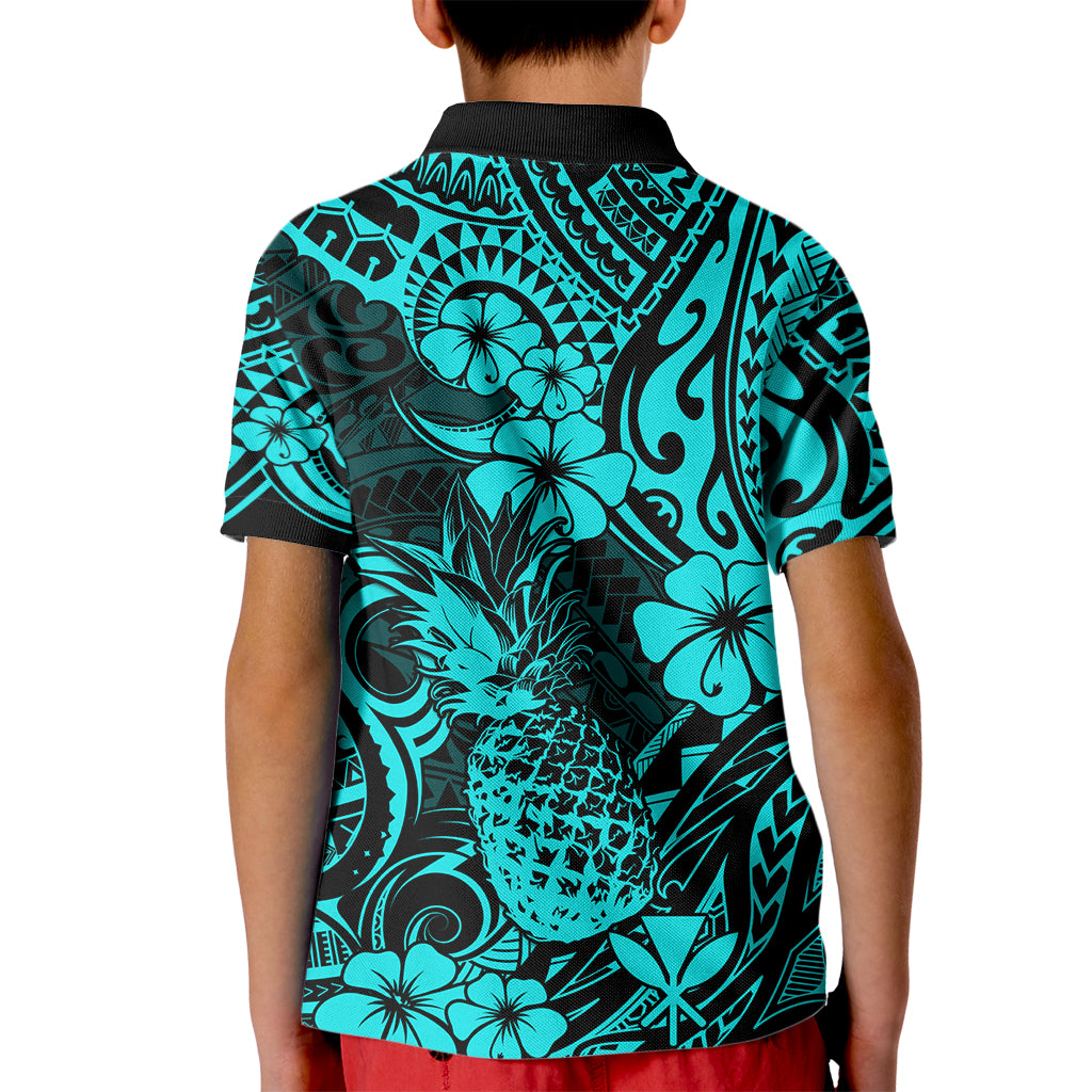 Hawaii Pineapple Kid Polo Shirt Polynesian Pattern Turquoise Version - Wonder Print Shop
