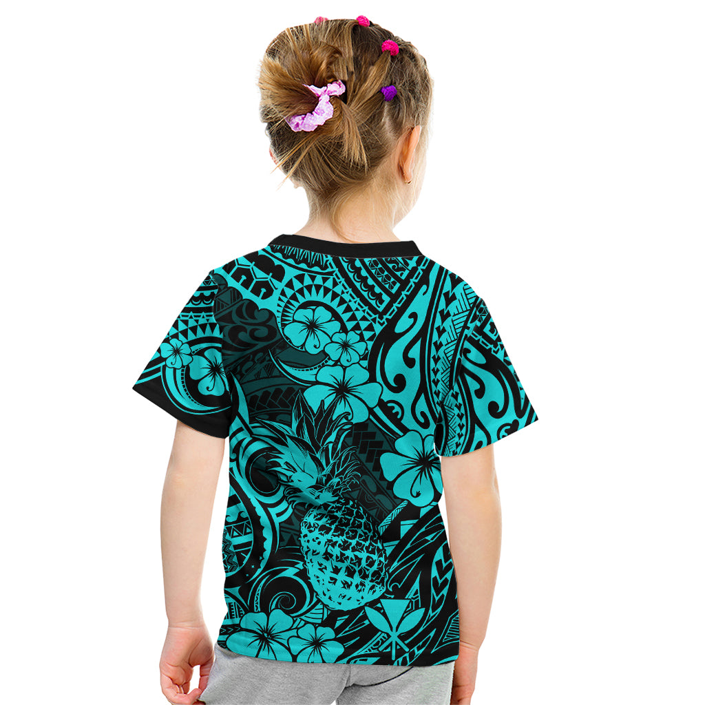 Hawaii Pineapple Kid T Shirt Polynesian Pattern Turquoise Version - Wonder Print Shop