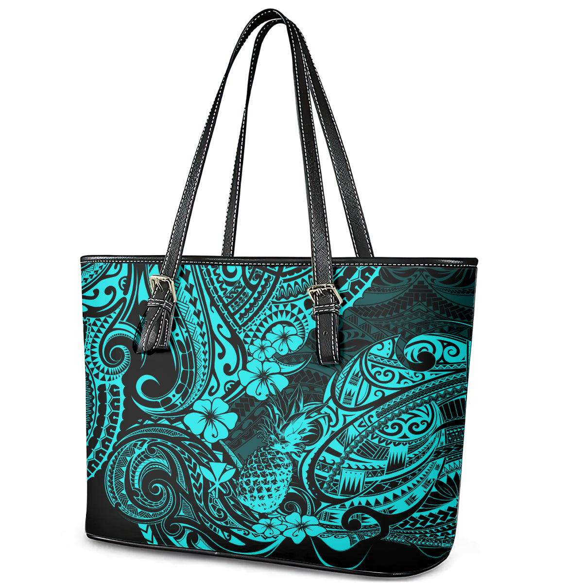 Hawaii Pineapple Leather Tote Bag Polynesian Pattern Turquoise Version - Wonder Print Shop