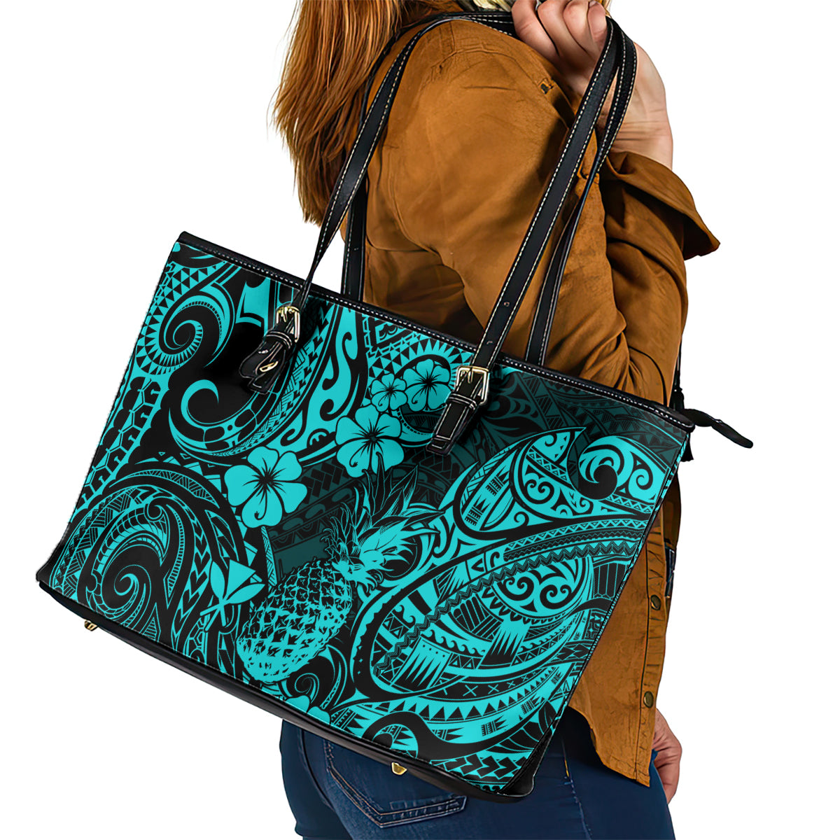 Hawaii Pineapple Leather Tote Bag Polynesian Pattern Turquoise Version - Wonder Print Shop