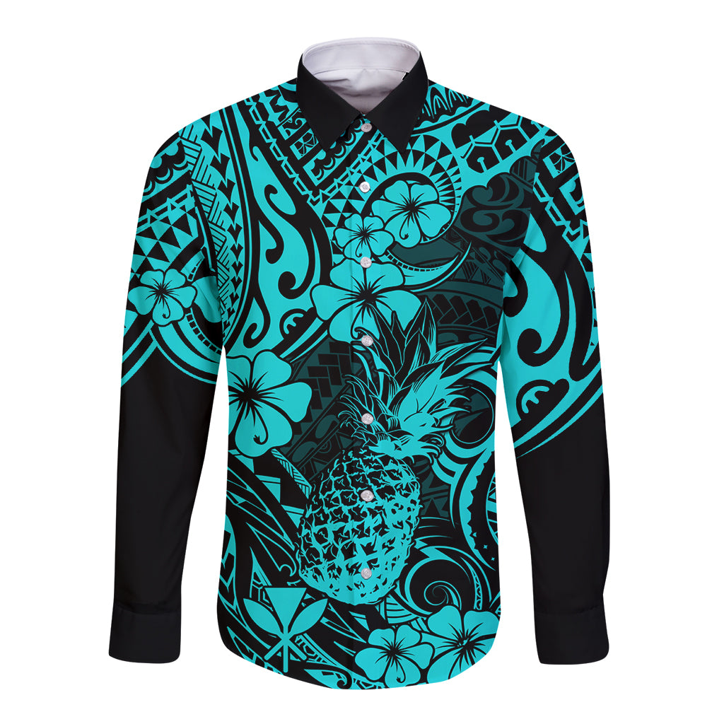 Hawaii Pineapple Long Sleeve Button Shirt Polynesian Pattern Turquoise Version - Wonder Print Shop