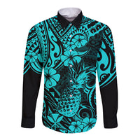 Hawaii Pineapple Long Sleeve Button Shirt Polynesian Pattern Turquoise Version - Wonder Print Shop