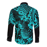 Hawaii Pineapple Long Sleeve Button Shirt Polynesian Pattern Turquoise Version - Wonder Print Shop