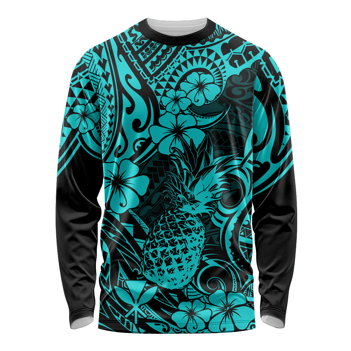 Hawaii Pineapple Long Sleeve Shirt Polynesian Pattern Turquoise Version - Wonder Print Shop