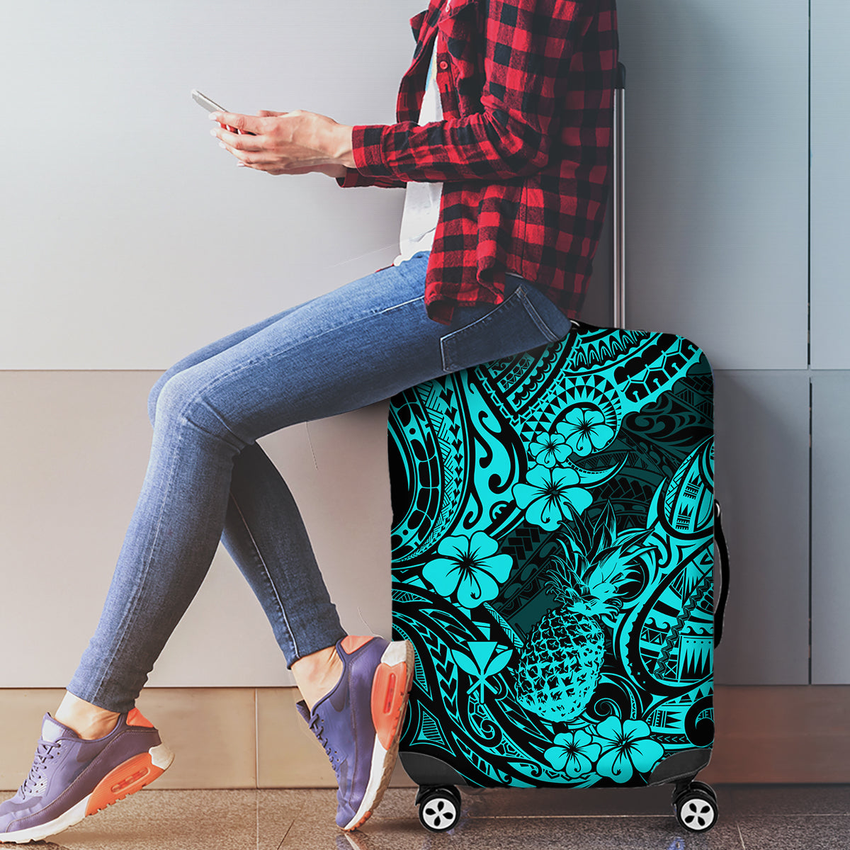 Hawaii Pineapple Luggage Cover Polynesian Pattern Turquoise Version - Wonder Print Shop