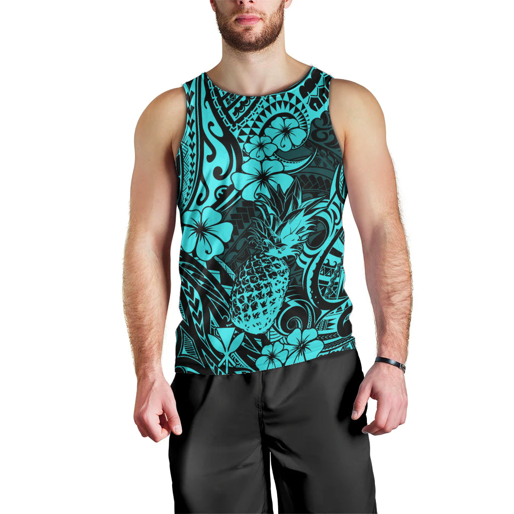 Hawaii Pineapple Men Tank Top Polynesian Pattern Turquoise Version - Wonder Print Shop