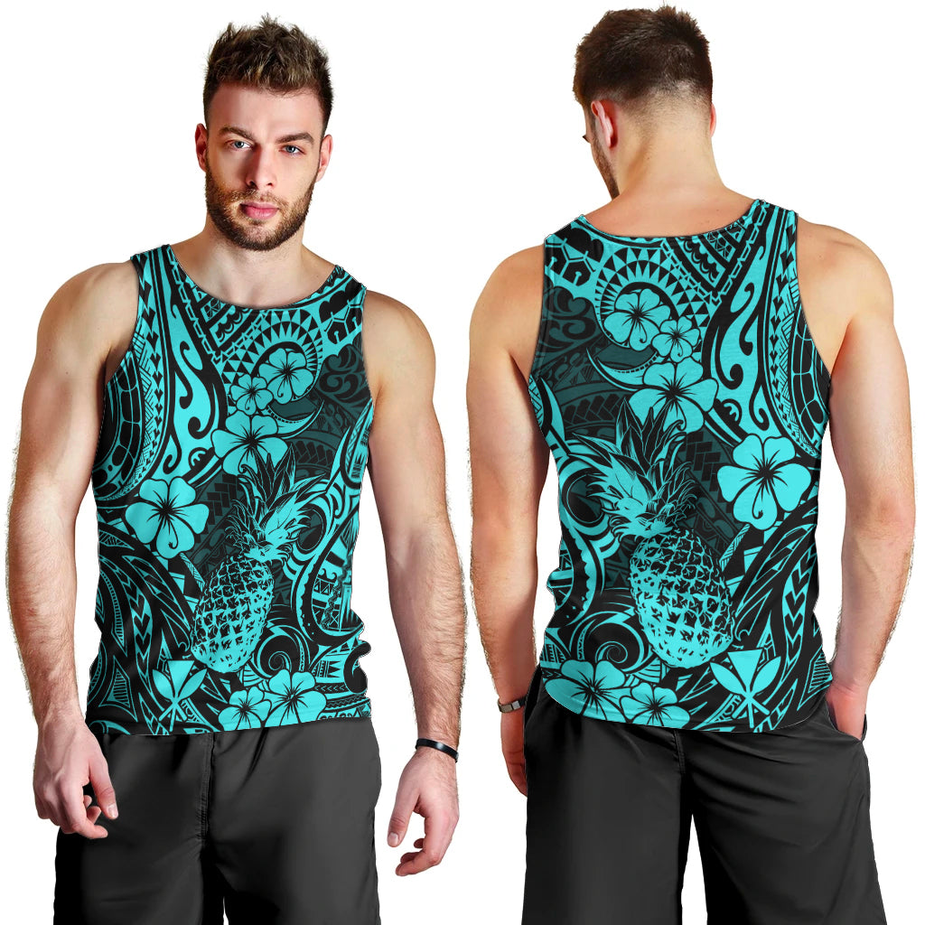 Hawaii Pineapple Men Tank Top Polynesian Pattern Turquoise Version - Wonder Print Shop