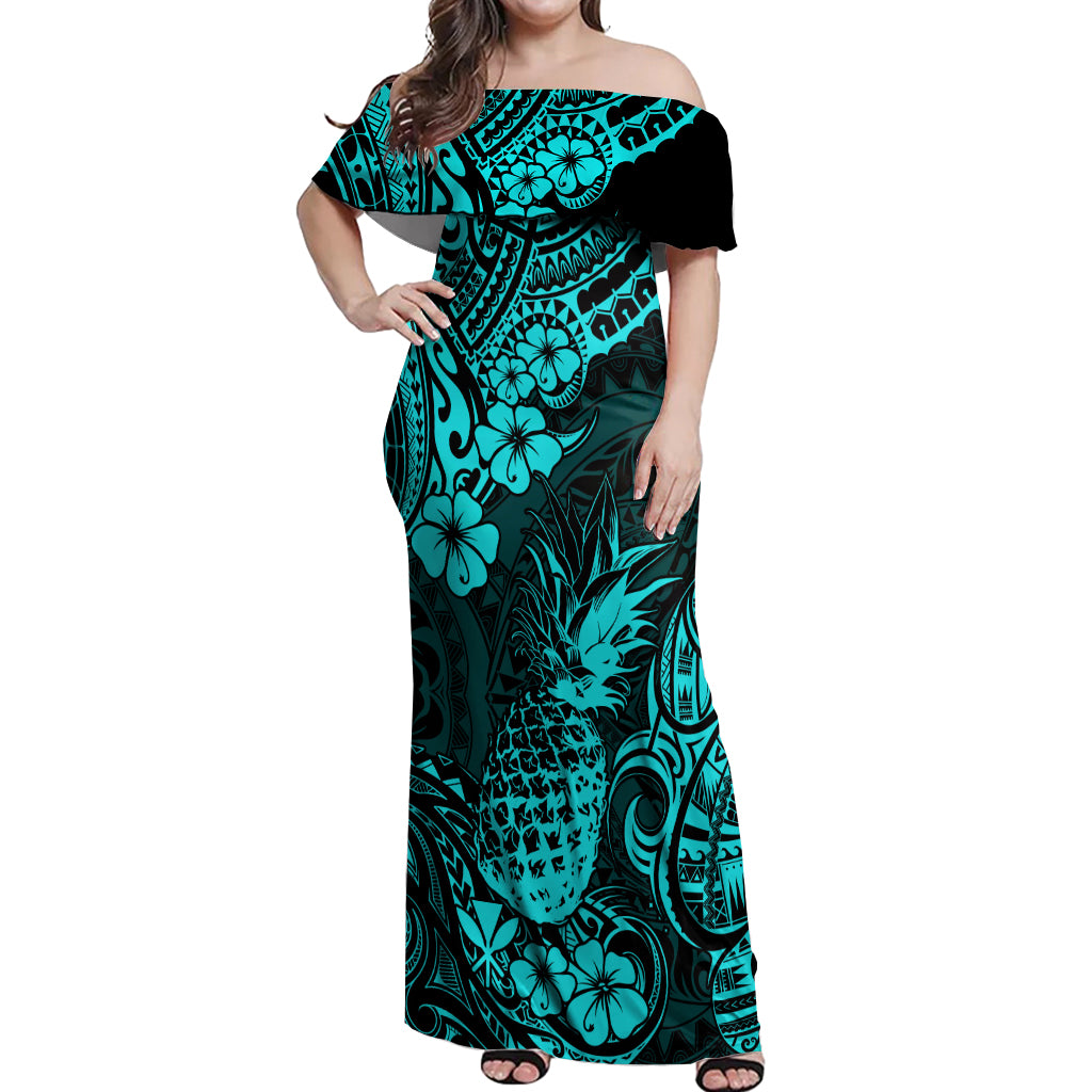 Hawaii Pineapple Off Shoulder Maxi Dress Polynesian Pattern Turquoise Version - Wonder Print Shop