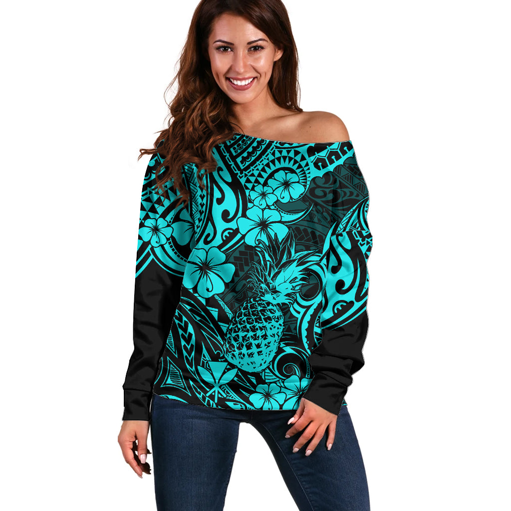Hawaii Pineapple Off Shoulder Sweater Polynesian Pattern Turquoise Version - Wonder Print Shop