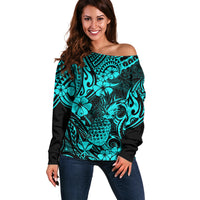 Hawaii Pineapple Off Shoulder Sweater Polynesian Pattern Turquoise Version - Wonder Print Shop