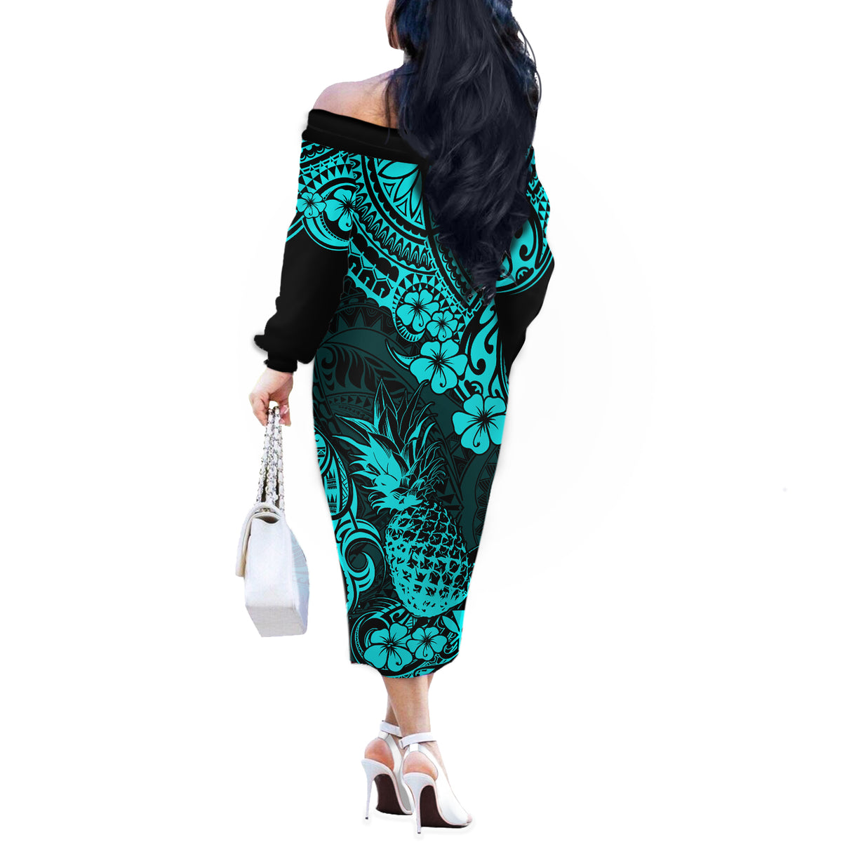 Hawaii Pineapple Off The Shoulder Long Sleeve Dress Polynesian Pattern Turquoise Version - Wonder Print Shop