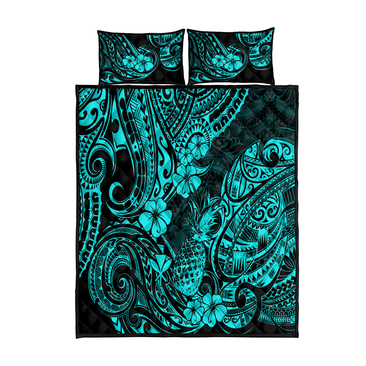 Hawaii Pineapple Quilt Bed Set Polynesian Pattern Turquoise Version - Wonder Print Shop