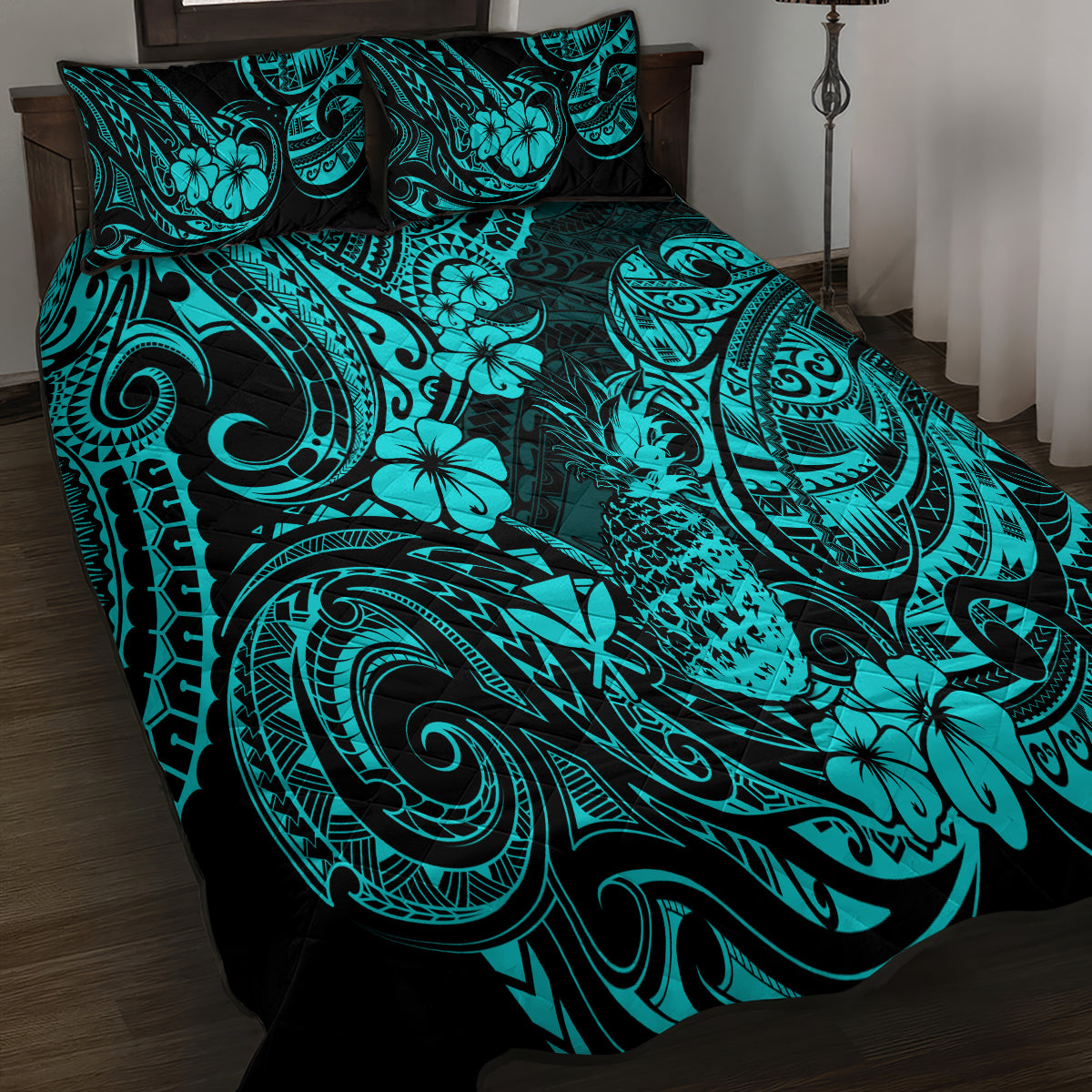 Hawaii Pineapple Quilt Bed Set Polynesian Pattern Turquoise Version - Wonder Print Shop