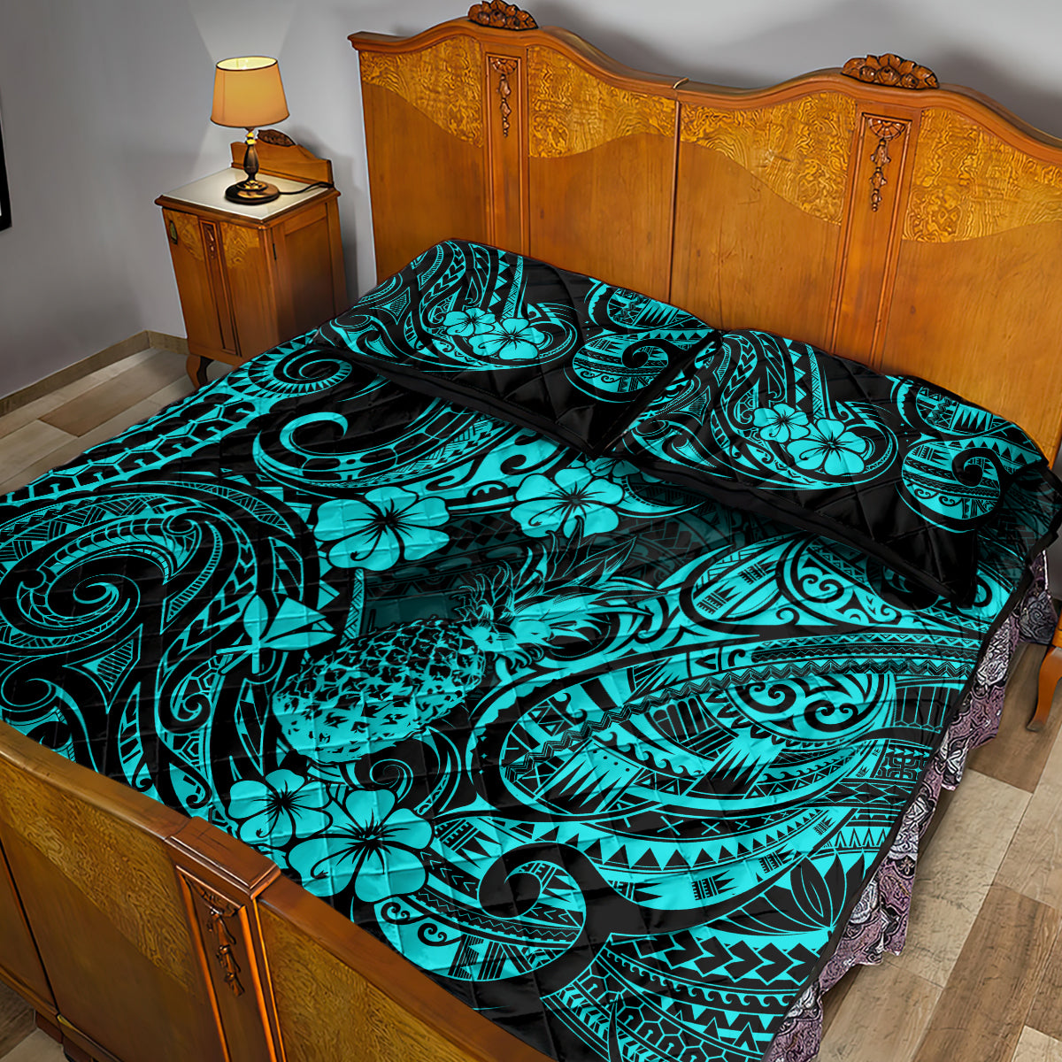 Hawaii Pineapple Quilt Bed Set Polynesian Pattern Turquoise Version - Wonder Print Shop