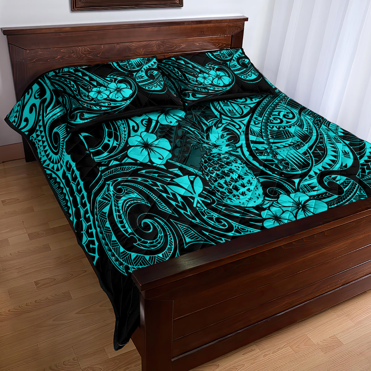 Hawaii Pineapple Quilt Bed Set Polynesian Pattern Turquoise Version - Wonder Print Shop
