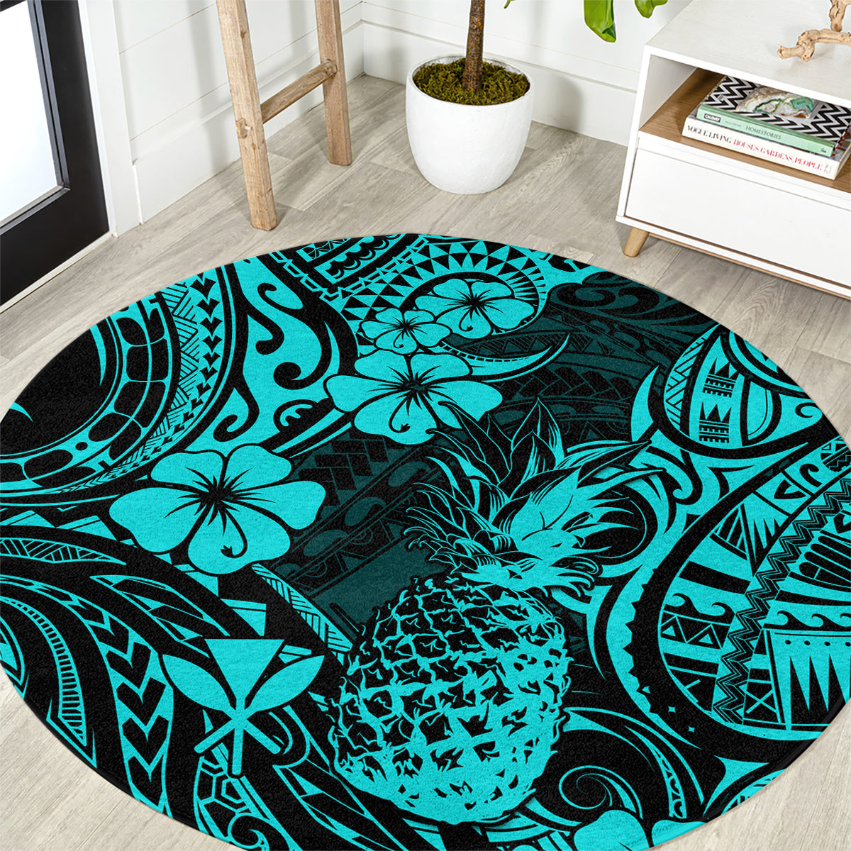 hawaii-pineapple-round-carpet-polynesian-pattern-turquoise-version