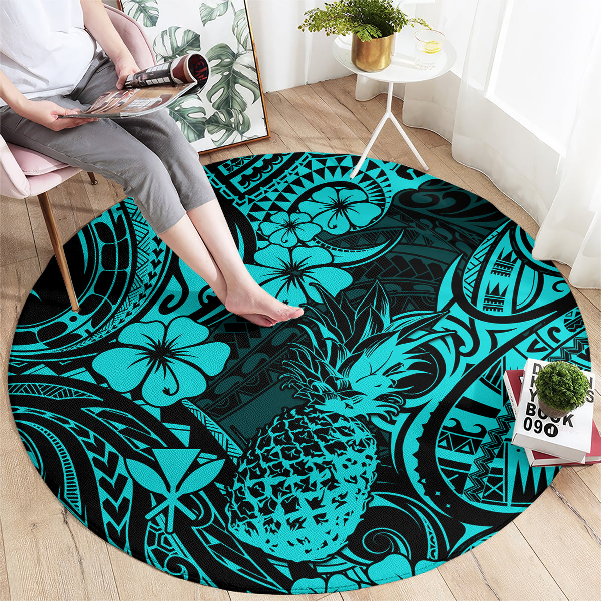 hawaii-pineapple-round-carpet-polynesian-pattern-turquoise-version