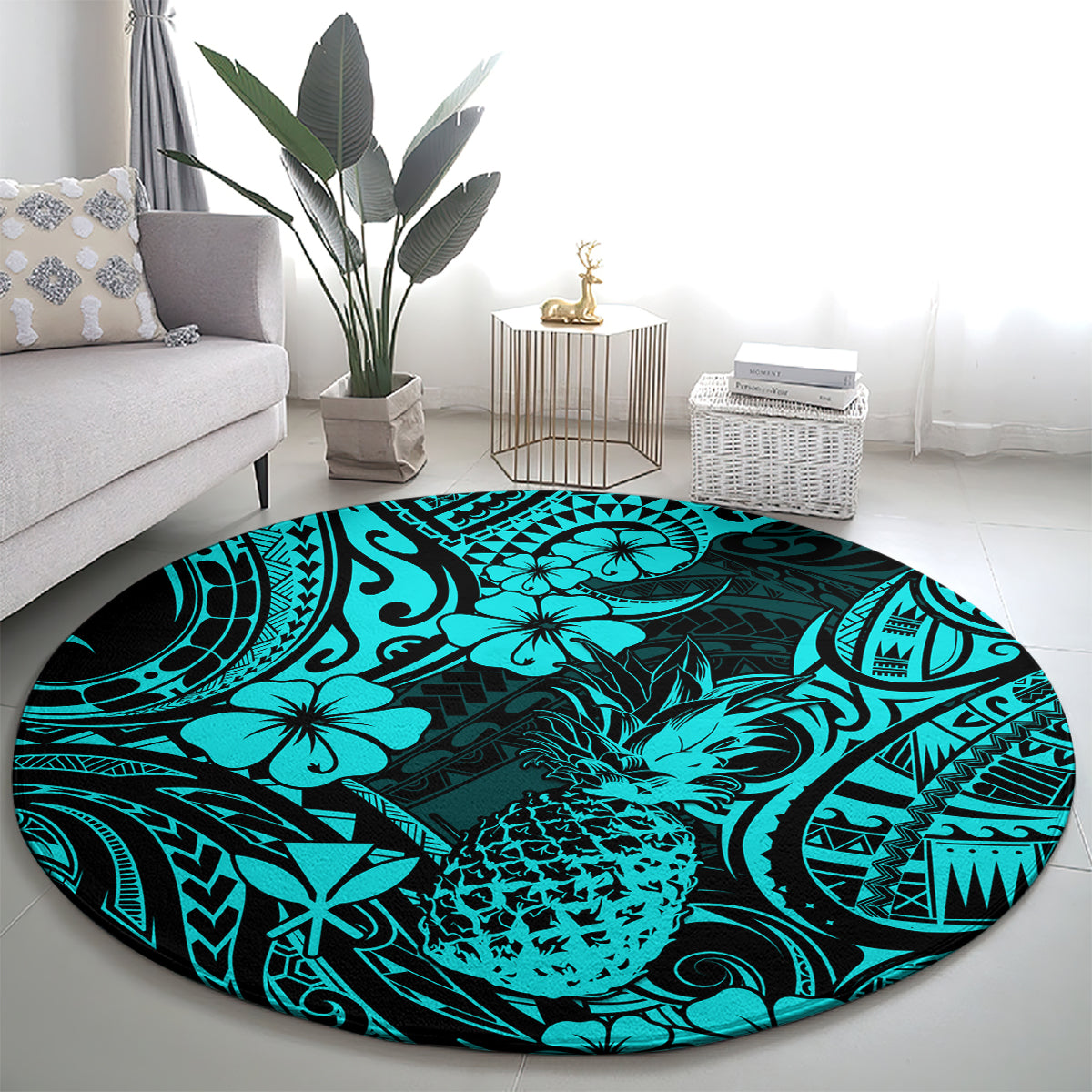 hawaii-pineapple-round-carpet-polynesian-pattern-turquoise-version