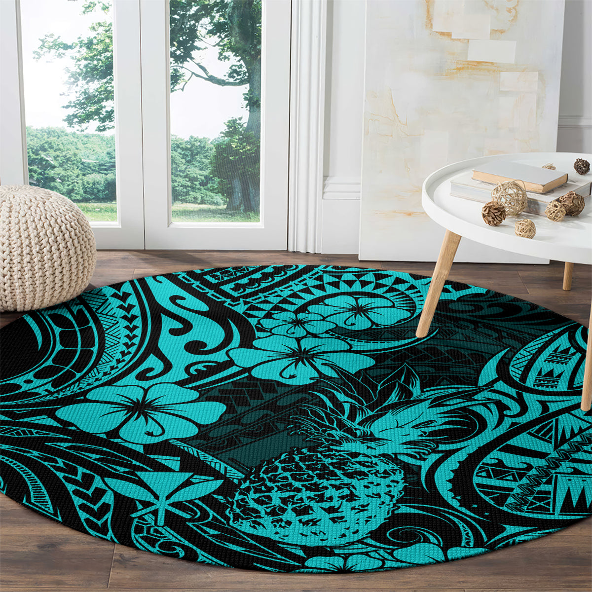 hawaii-pineapple-round-carpet-polynesian-pattern-turquoise-version