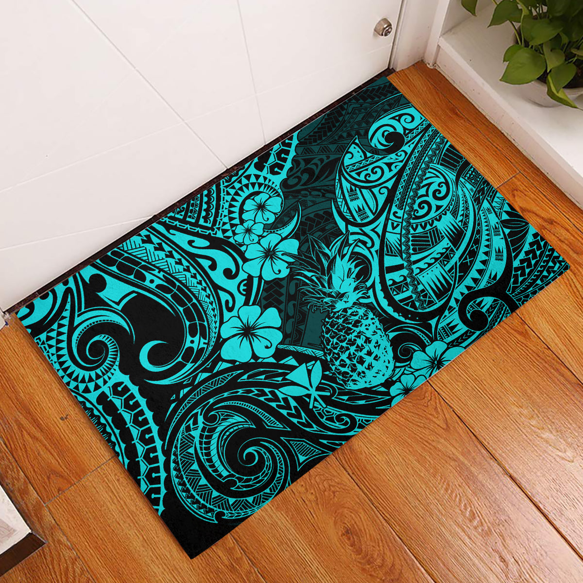 Hawaii Pineapple Rubber Doormat Polynesian Pattern Turquoise Version - Wonder Print Shop
