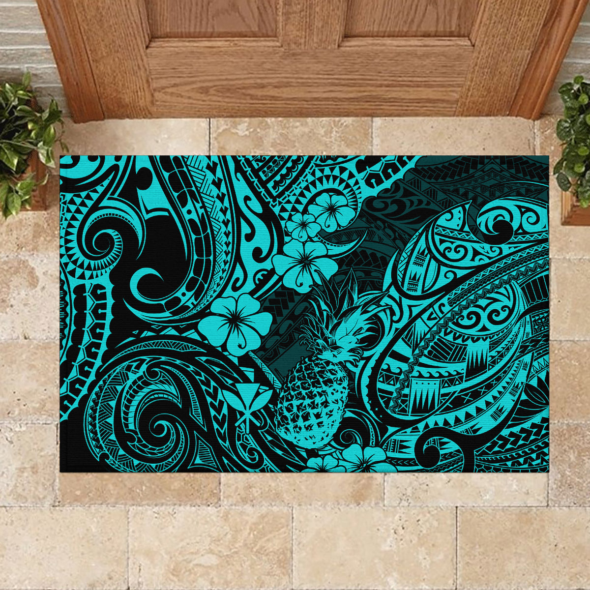 Hawaii Pineapple Rubber Doormat Polynesian Pattern Turquoise Version - Wonder Print Shop